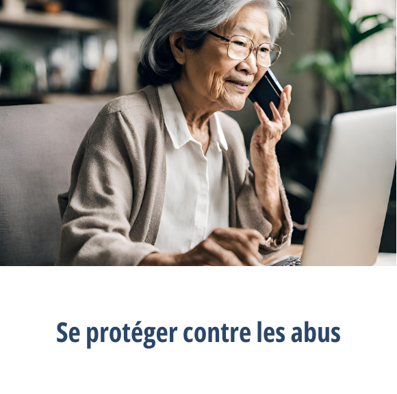 Un patient qui regarde l’écran d’un ordinateur portable pendant qu’il parle au téléphone et le bouton « Protégez-vous contre les abus ».
